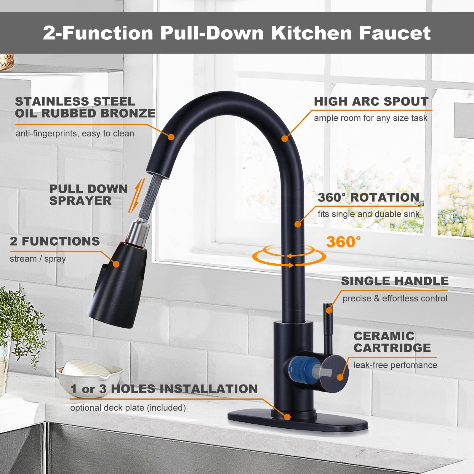 WOWOW Oil Rubbed Bronze Kitchen Faucet with Sprayer  SUS 304 Stainless Steel Kitchen Sink Faucet  High Arc Single Handle Kitchen Faucets with Pull Down Sprayer  Pull Out Kitchen Faucet with Deck Plate